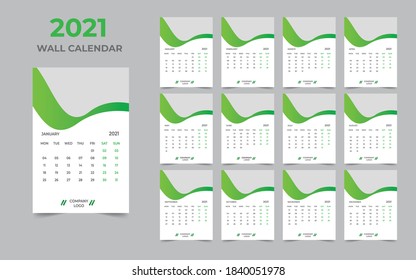Wall calendar design 2021 template Set of 12 Months, Week starts Monday, Stationery design