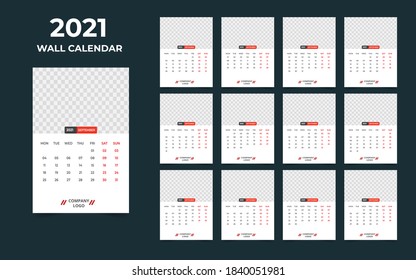 Wall calendar design 2021 template Set of 12 Months, Week starts Monday, Stationery design