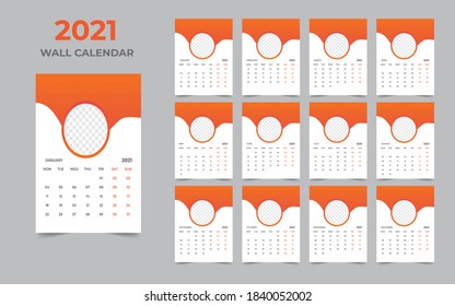 Wall calendar design 2021 template Set of 12 Months, Week starts Monday, Stationery design