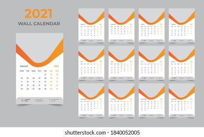 Wall calendar design 2021 template Set of 12 Months, Week starts Monday, Stationery design