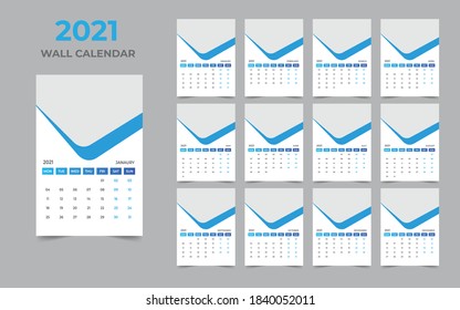 Wall calendar design 2021 template Set of 12 Months, Week starts Monday, Stationery design