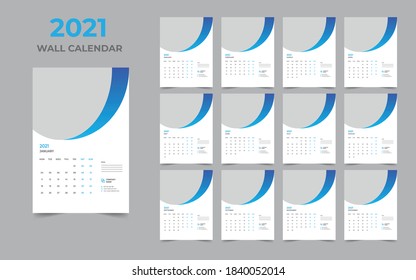 Diseño de calendario de pared 2021 Plantilla Set de 12 meses, Semana comienza el lunes, Diseño de estacionamientos