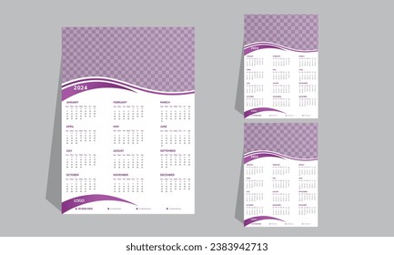.Wall Calendar Design 2024 Template, 12 Months Included , A3 Size,Week starts on Sunday, Planner design.