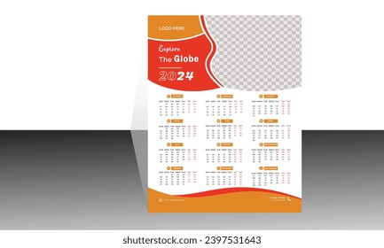 Wall Calendar Design für 2024, Wall Kalender Design Vorlage, Einfach, Reinigen, Wall Kalender 2024, alles in einem.