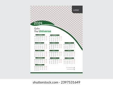 Wall Calendar Design for 2024, Wall calendar Design Template, Simple, Clean, Wall calendar 2024, All In One.