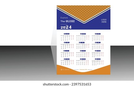 Wall Calendar Design for 2024, Wall calendar Design Template, Simple, Clean, Wall calendar 2024, All In One.