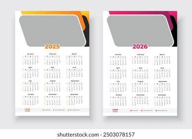 Wall calendar design for 2025, 2026. One page wall calendar template design. Minimalist style calendar.