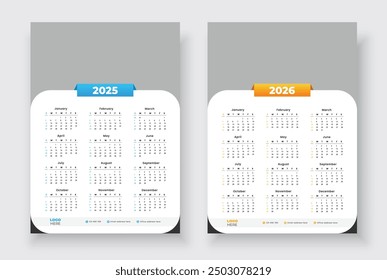 Wall calendar design for 2025, 2026. One page wall calendar template design. Minimalist style calendar.