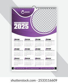 Projeto de calendário de parede para 2025. Projeto de modelo de calendário de parede de uma página. Calendário de estilo minimalista