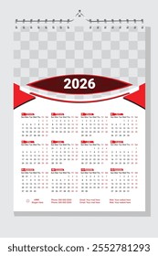 diseño de calendario de pared 2026, calendario Corporativa de pared de 12 meses 2026, la semana comienza el domingo, Plantilla de diseño de calendario de Vertical simple