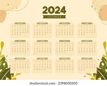 Wall calendar design with hand drawn leaf illustration. Annual calendar for 2024 year