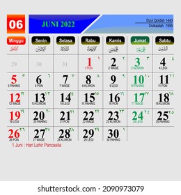 
Wall Calendar Design June 2022, Sunday starts on National Sunday - Gregorian - Hijri -Javanese - Arabic vector eps10