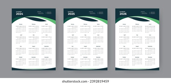 Wall calendar design set for 2024, 2025, 2026 week start Sunday corporate planner design.