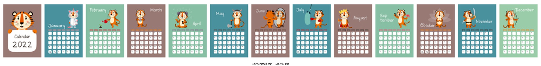 Wall calendar design template for 2022, the year of Tiger according to Chinese calendar. Week starts on Sunday. Set of 12 pages and cover with cute Tiger. Vector stock flat illustration