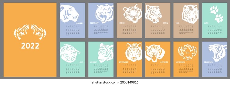 Wandkalender-Design-Vorlage für 2022, Jahr des Tigers. Die Woche beginnt am Sonntag. Bearbeitbare Kalenderseitenvorlage A4, A3. Vertikal. 12 Monate festlegen