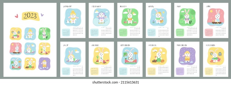Wall calendar design template for 2023 year of the rabbit. Set for 12 months. Vector images with cute rabbits on a white background