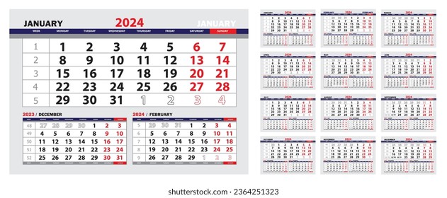 Wall calendar design template for 2024. The week starts on Monday. 3 months on a template sheet. Week numbers. Corporate or business calendar. English calendar layout.