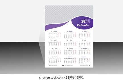 Wall calendar design template for 2024, minimalist, clean, and elegant design Calendar, Week starts on Sunday calendar design 2024, Print Ready single page.
