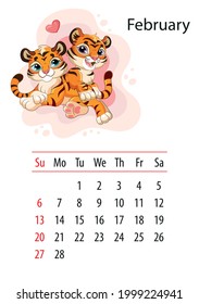 Wall calendar design template for february 2022,year of Tiger according to the Chinese or Eastern calendar. Animal character. Vector illustration. Week start in Sunday.In size A4. For print and design