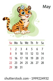 Plantilla de diseño de calendario de pared para mayo de 2022, año del tigre según el calendario chino o oriental. Carácter animal. Ilustración vectorial. La semana empieza en domingo. En tamaño A4. Para impresión y diseño