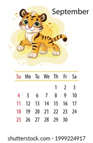 Wall calendar design template for september 2022, year of Tiger according to the Chinese or Eastern calendar. Animal character. Vector illustration.Week start in Sunday.In size A4.For print and design