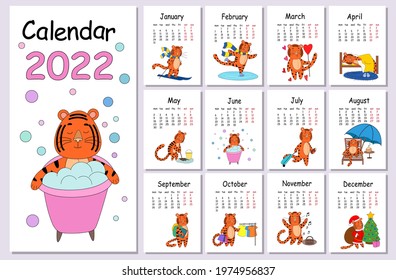 Wall calendar design template for the year 2022, the year of the Tiger according to the Chinese calendar in English. The week starts on Monday.
