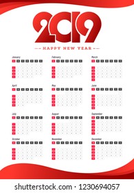 Wall calendar design for year 2019 red and white color.