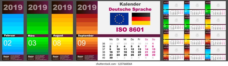 Wall calendar Deutsche german dutch language for 2019, ISO 8601 with weeks. Vector template illustration