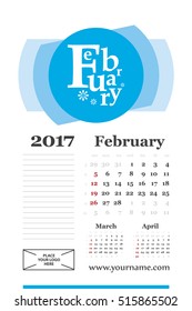 Wall calendar for february 2017 year. Week start sunday, classic grid with numbers. Editable vector template.
