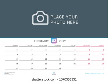 Wall calendar for February 2019. Vector design print template with place for photo. Week starts on Monday. Landscape orientation