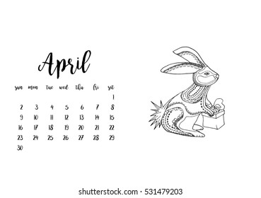 Wall calendar horizontal template 2017 for month April. Week starts Sunday
