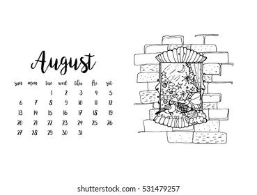 Wall calendar horizontal template 2017 for month August. Week starts Sunday