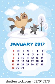 Wall calendar for January, 2017 with an amusing cat and mouse. Fun children's illustration in cartoon style. Colorful background. Vertical orientation. Week starts Sunday.Vector.