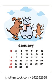 Wall calendar for January 2018 with funny dogs. Fun children's illustration in cartoon style. Colorful vector background. Vertical orientation. Week starts Sunday. 