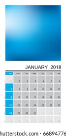 Wall calendar for January 2018 year. Multicolored page. Week start sunday, classic grid, english. Editable vector template for web and print design.