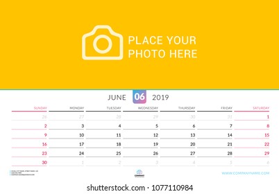 Wall calendar for June 2019. Vector design print template with place for photo. Week starts on Sunday. Landscape orientation