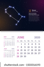 Wall calendar for June 2020 year with Gemini zodiac constellation. Gemini star sign and dates of birth on deep space background. Astrology horoscope with unique personality traits vector illustration