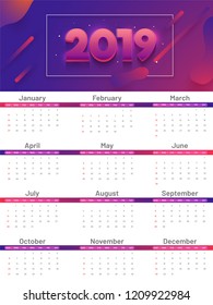 Layout do calendário de parede para 2019 com elementos abstratos.