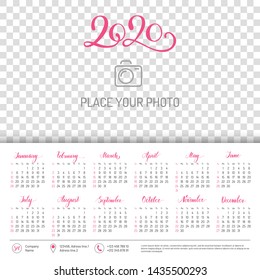Wall calendar layout for 2020 year with place for photo. English template with basic grid on white background. Week starts from Sunday. Annual calendar from January to December vector design.