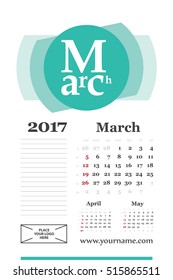 Wall calendar for march 2017 year. Week start sunday, classic grid with numbers. Editable vector template.