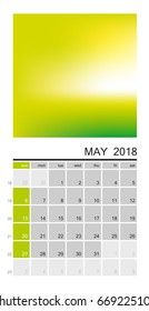 Wall calendar for May 2018 year. Multicolored page. Week start sunday, classic grid, english. Editable vector template for web and print design.