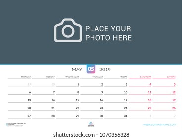 Wall calendar for May 2019. Vector design print template with place for photo. Week starts on Monday. Landscape orientation