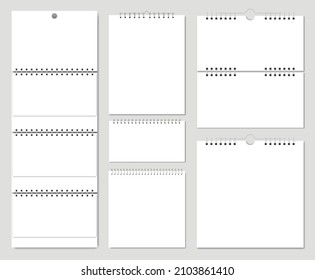 Wall calendar mockup, blank calendars templates with spring binding. Realistic notebook, empty paper sheets on spiral binders vector set. Horizontal and vertical pages with wire banding