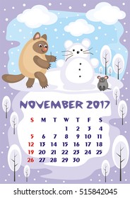 Wall calendar for  November,  2017 with an amusing cat. Fun children's illustration in cartoon style. Colorful background. Vertical orientation. Week starts Sunday. Vector.