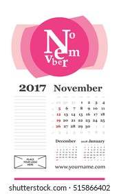 Wall calendar for november 2017 year. Week start sunday, classic grid with numbers. Editable vector template.