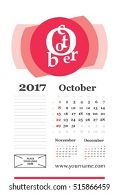 Wall calendar for october 2017 year. Week start sunday, classic grid with numbers. Editable vector template.