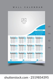 Wall Calendar One Page Calendar Single Page Calendar 2025