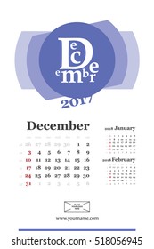 Wall calendar page for december 2017 year. Week start sunday, classic grid with numbers. Editable vector template.