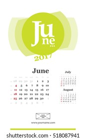 Wall calendar page for june 2017 year. Week start sunday, classic grid with numbers. Editable vector template.