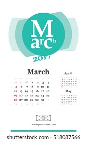 Wall calendar page for march 2017 year. Week start sunday, classic grid with numbers. Editable vector template.